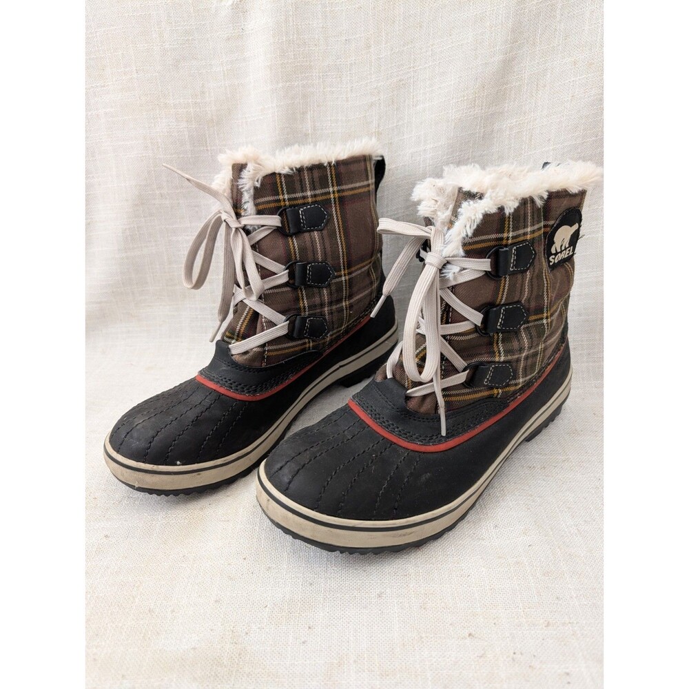 Sorel Tivoli Plaid Boots Women's Brown Waterproof Fleece Winter Snow Duck Sz 10
